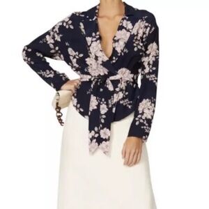 MARISSA WEBB COLLECTIVE NAVY BLUE PINK Floral Wrap Blouse Top